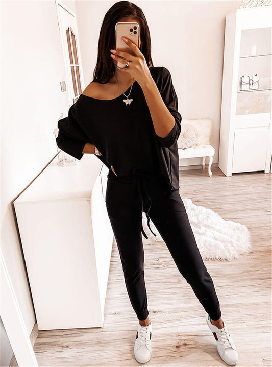 Cool Casual Black Long Sleeve Off Shoulder 2-piece Set