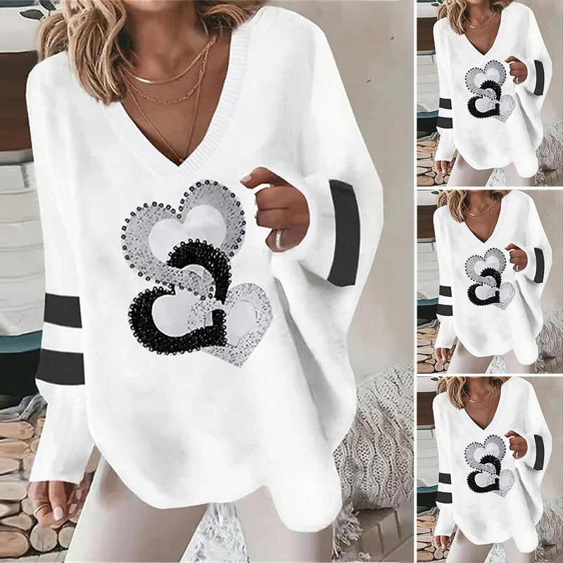Two Hearts Loose V-neck Geometric Long-Sleeved Sweater