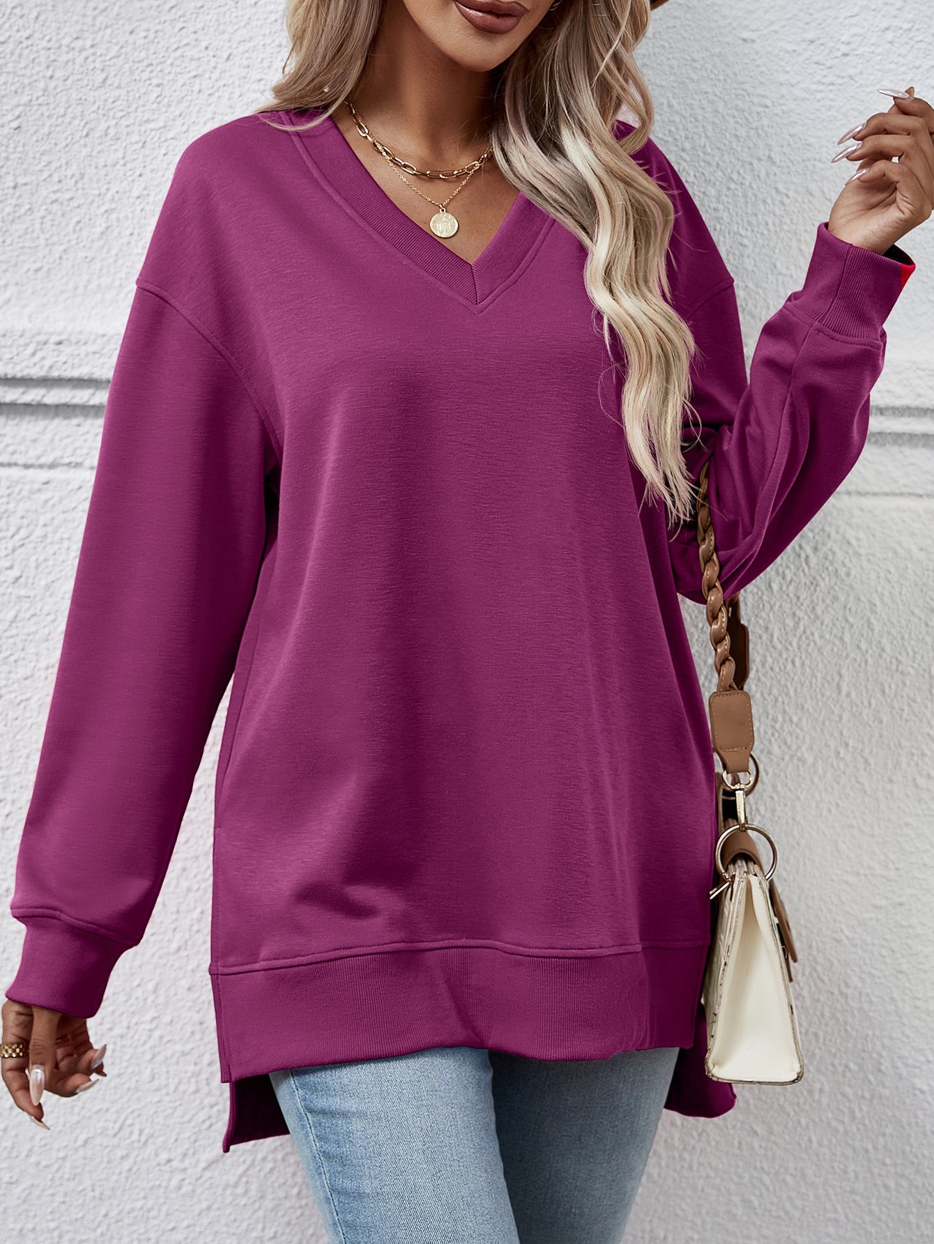 Causal Style V-neck Split Front Short Back Long Sweater