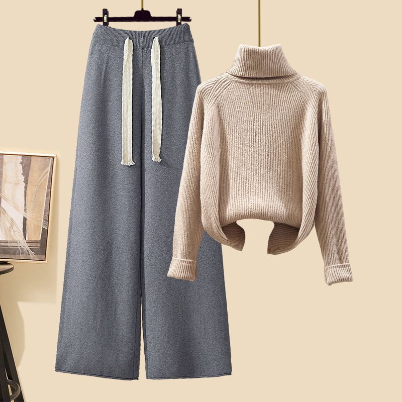 Thickened Knitting Wide-leg Pants with Turtleneck Sweater