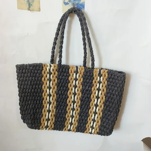 Large Capacity Woven Straw Handbag Zipper Shoulder Bag
