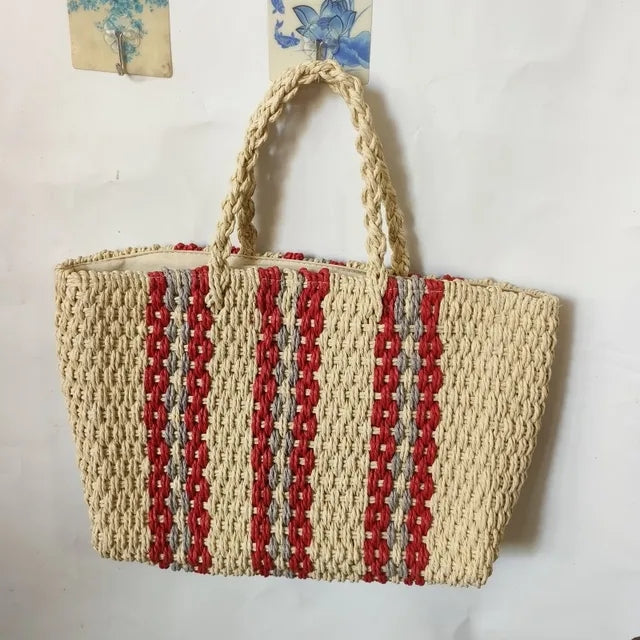 Large Capacity Woven Straw Handbag Zipper Shoulder Bag