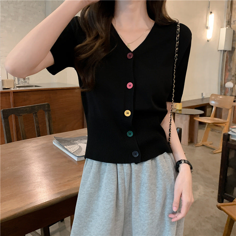 Ice Silk Knitted Short Sleeve Blouse
