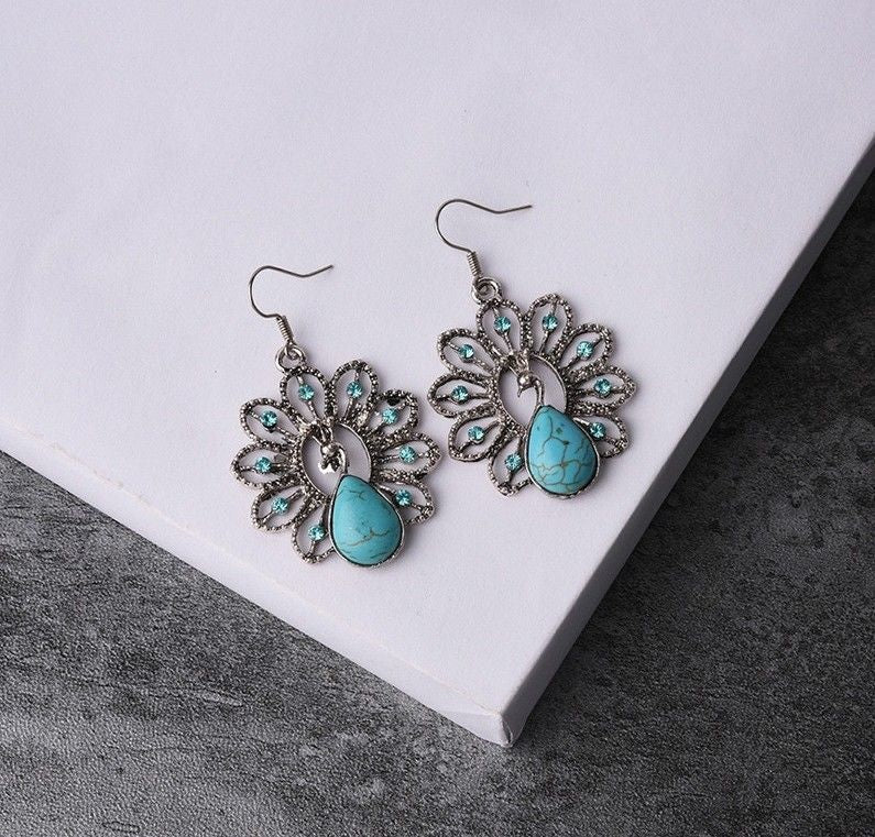Unique Boho Turquoise Dangle Drop Peacock Earrings.