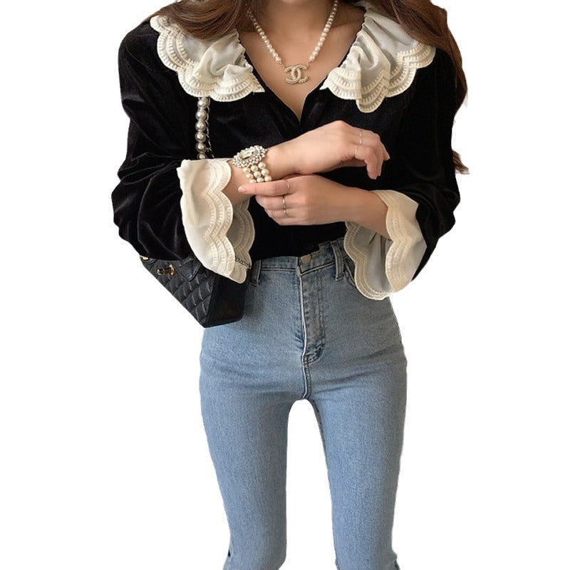 Artistic Retro French Style Velvet Shirt Layers Of Lace  Bell Sleeve