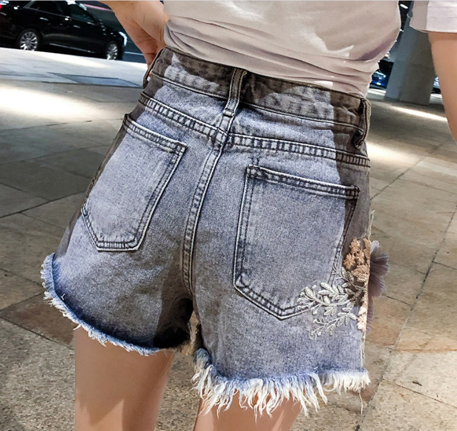 3D Flowers Embroidery High Waist Denim Shorts