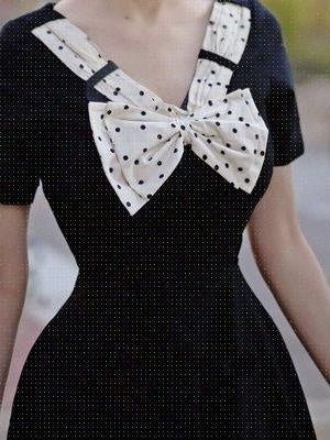 Retro Little Black Niche Contrast Polka Dots  V-neck Dress