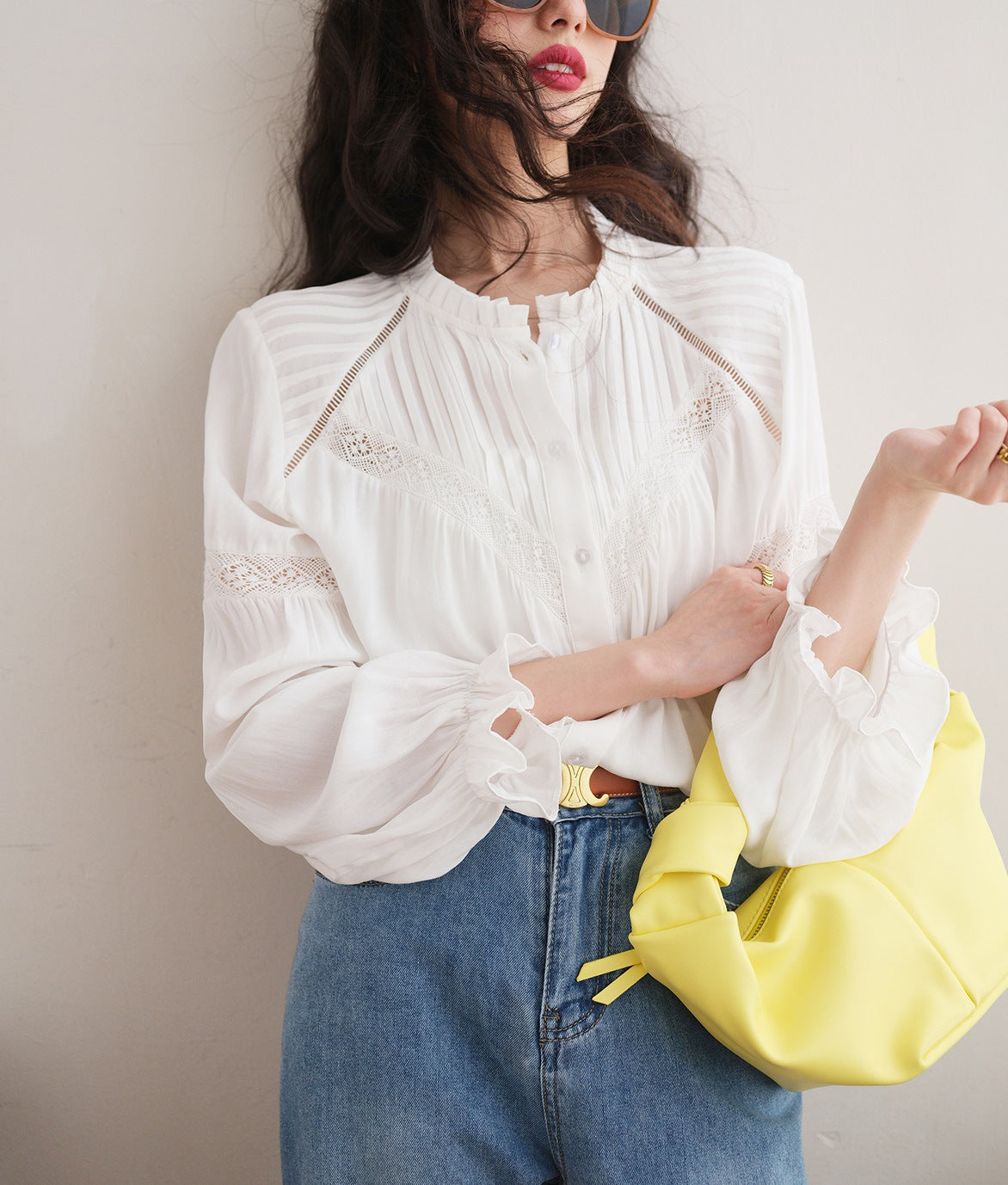 Early Spring Lace Stitching French Shirt