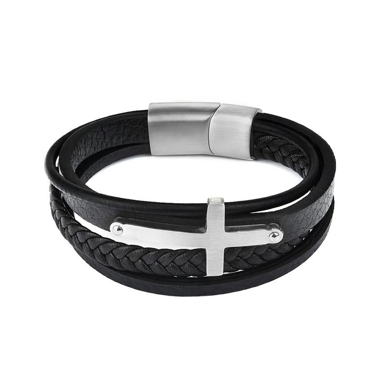 Silver Multilayer Leather Faith Cross Stainless Steel Bracelet.
