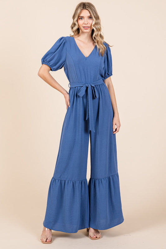 Denim Blue Full Size V-Neck Belted Wide Leg Jumpsuit