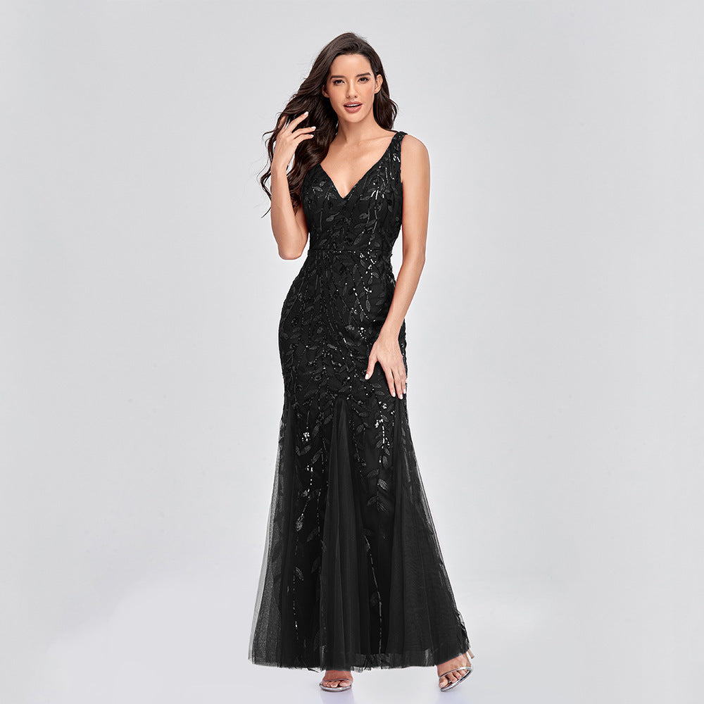 Royal Style Embroidered  Sequin  V-neck Maxi Swing Sleeveless Mermaid   Dress