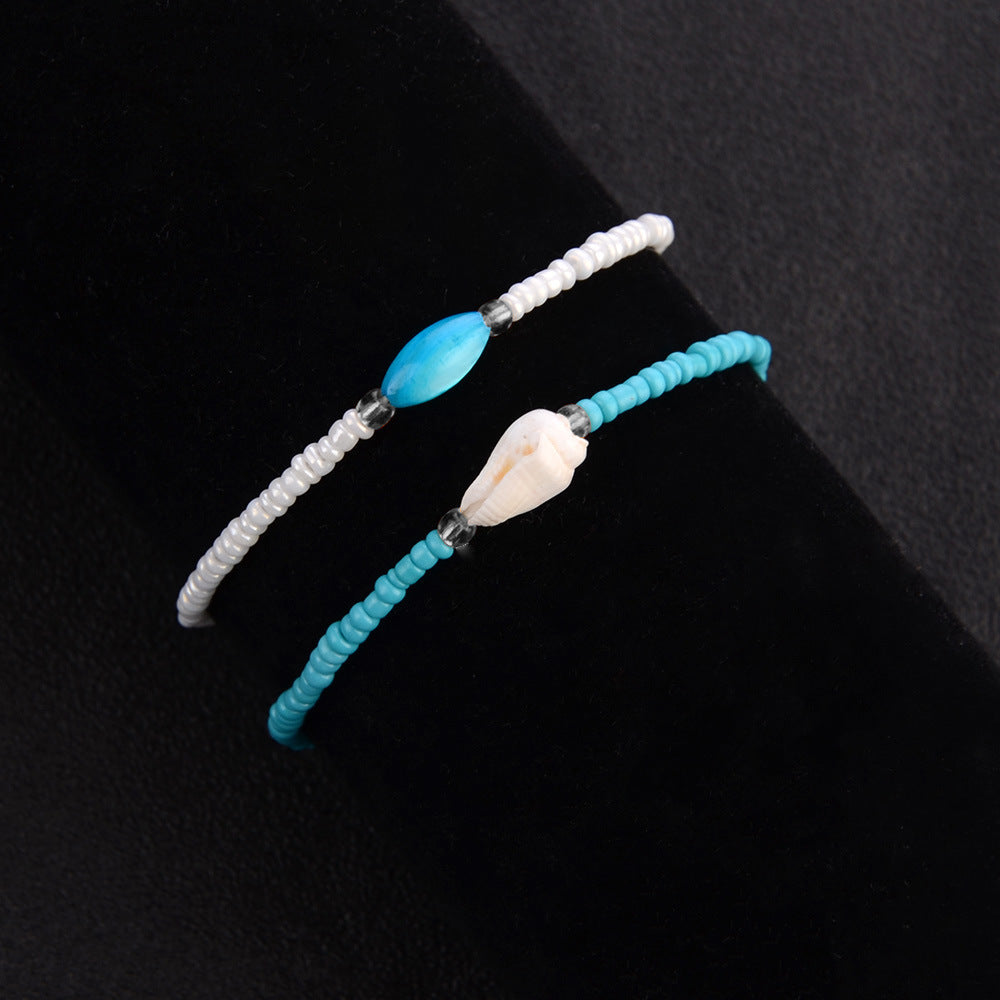 Beach Boho Style Handmade Beaded Turquoise Pearl Seashell Anklet Set - 2 Anklets Included.