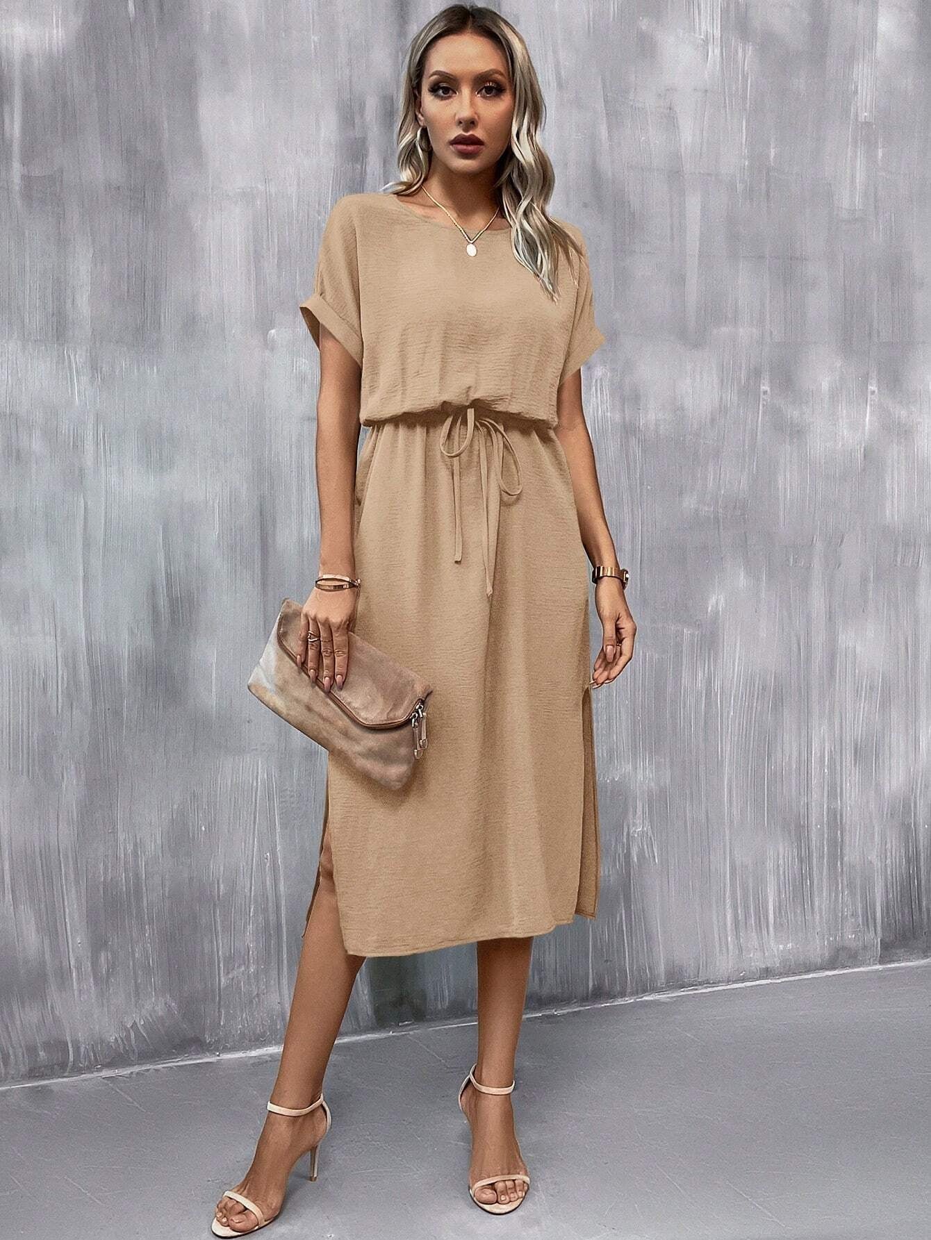Casual High Waist Round Neck Batwing Sleeve Knot Front Split  Dress