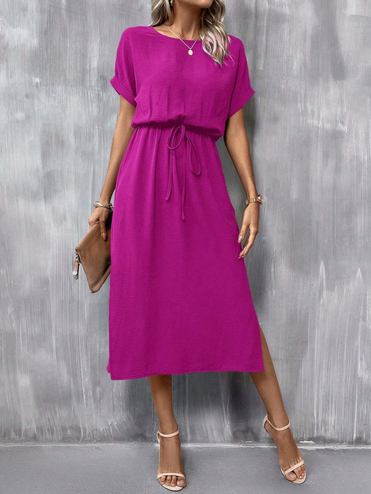Casual High Waist Round Neck Batwing Sleeve Knot Front Split  Dress