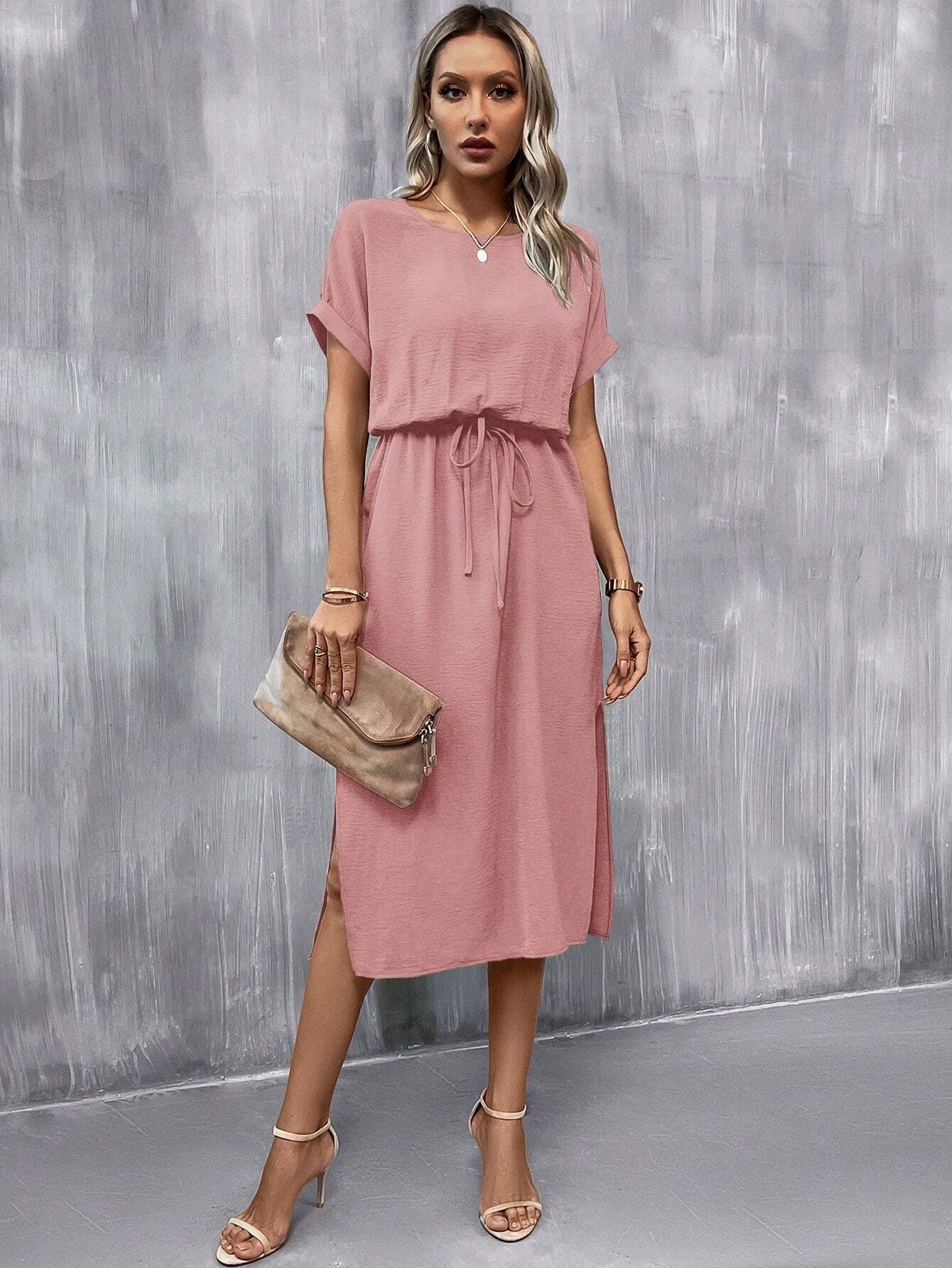 Casual High Waist Round Neck Batwing Sleeve Knot Front Split  Dress