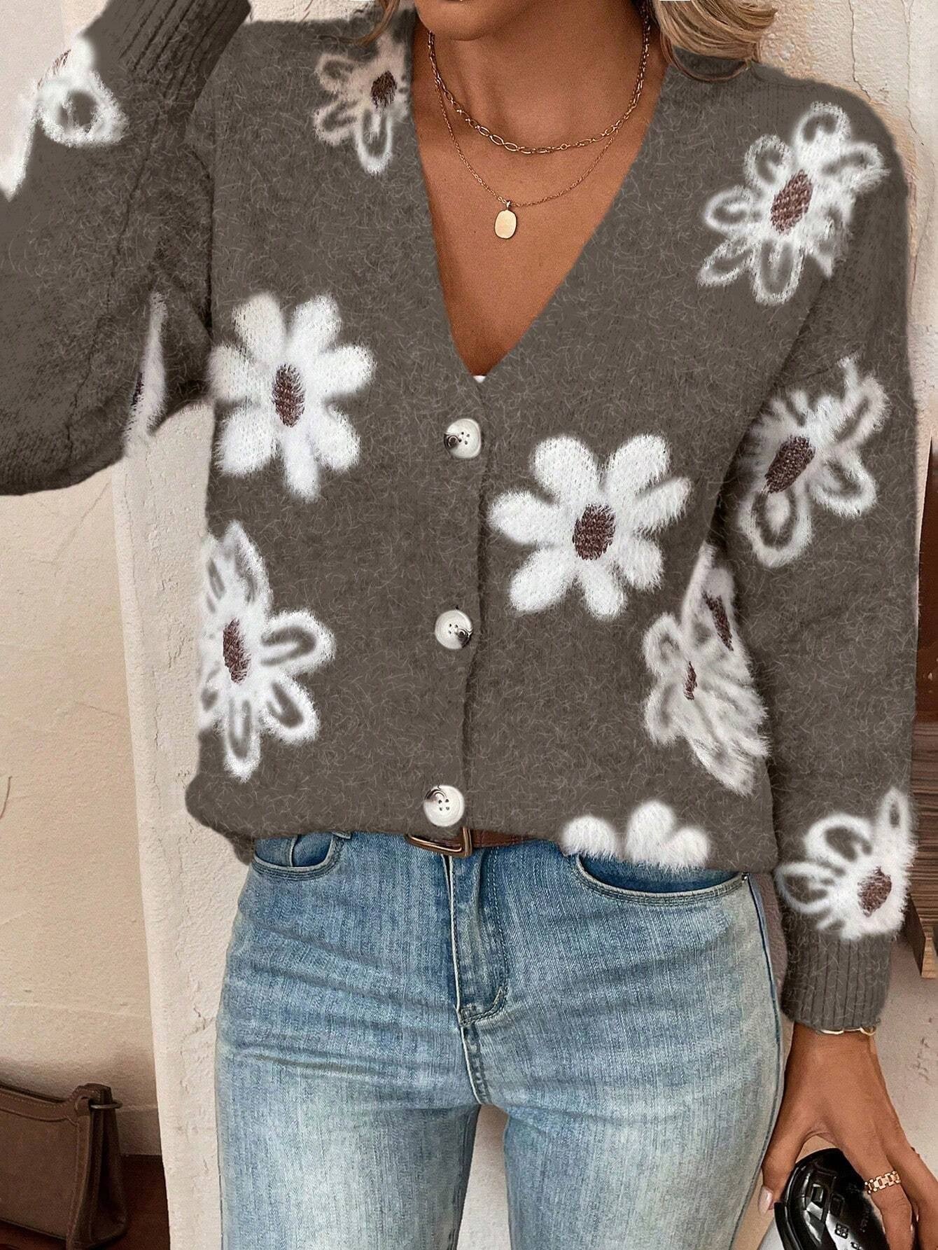 Floral Knit V neck Cardigan with Long Sleeve