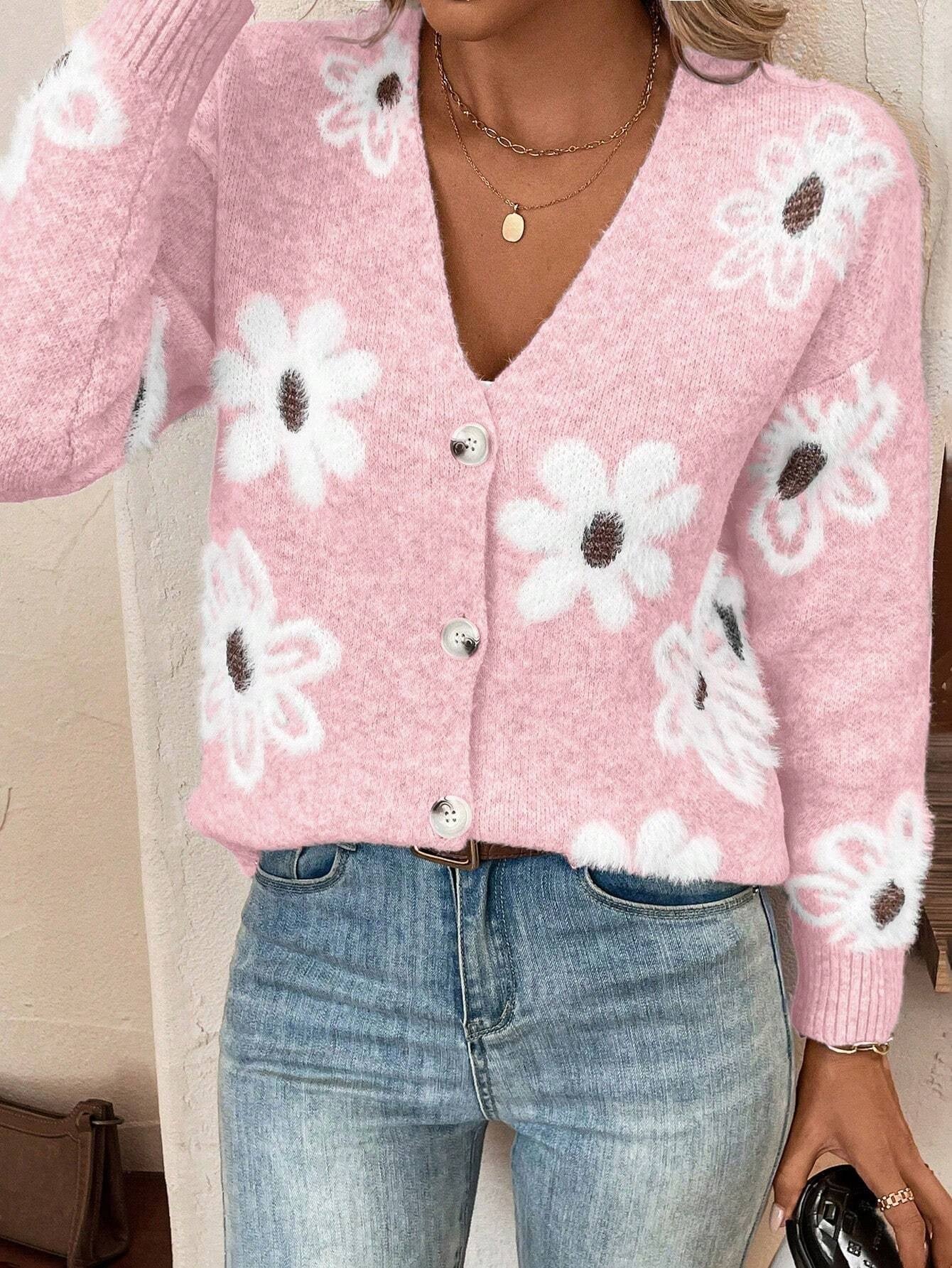 Floral Knit V neck Cardigan with Long Sleeve