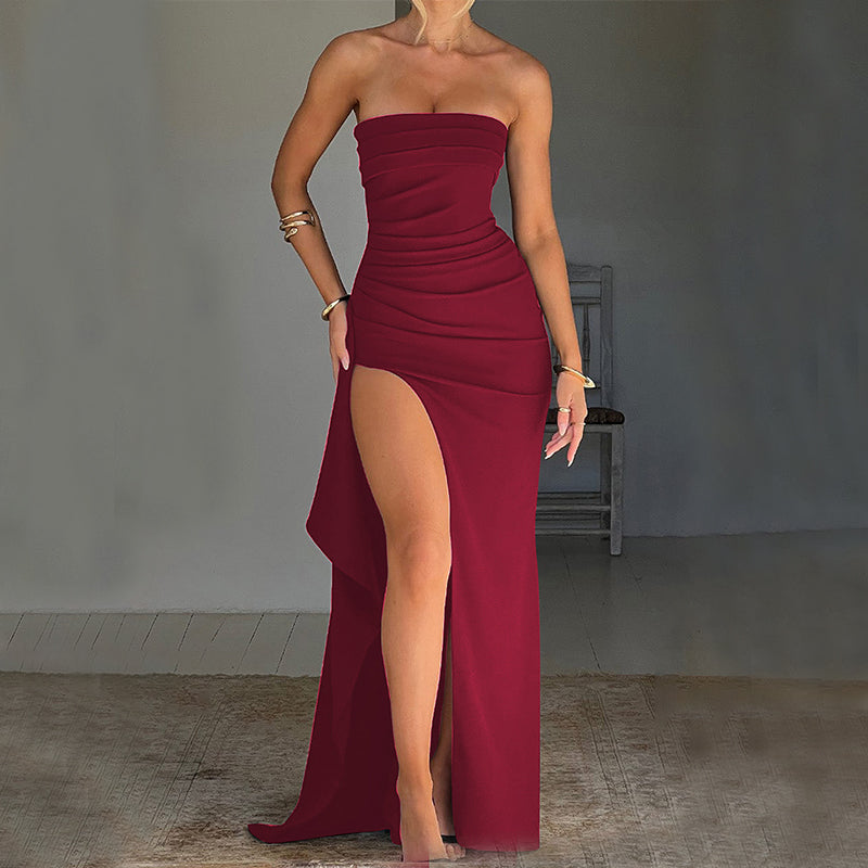 Pleated Bridesmaid Strapless Split Long Dress