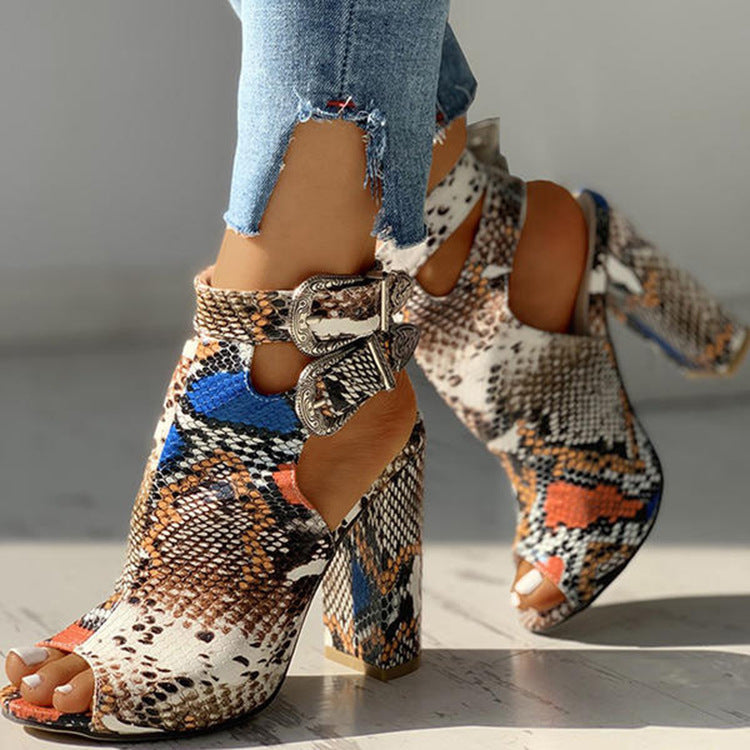 Snake Skin Buckle Open Toe High Heels