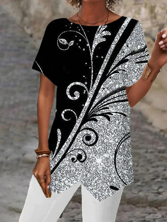 Geometric Printed Loose Short Sleeve Irregular Hem T-shirt
