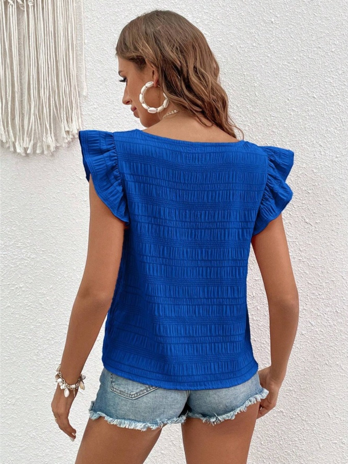 Ruffled Blouse with Square Neck & Cap Sleeve