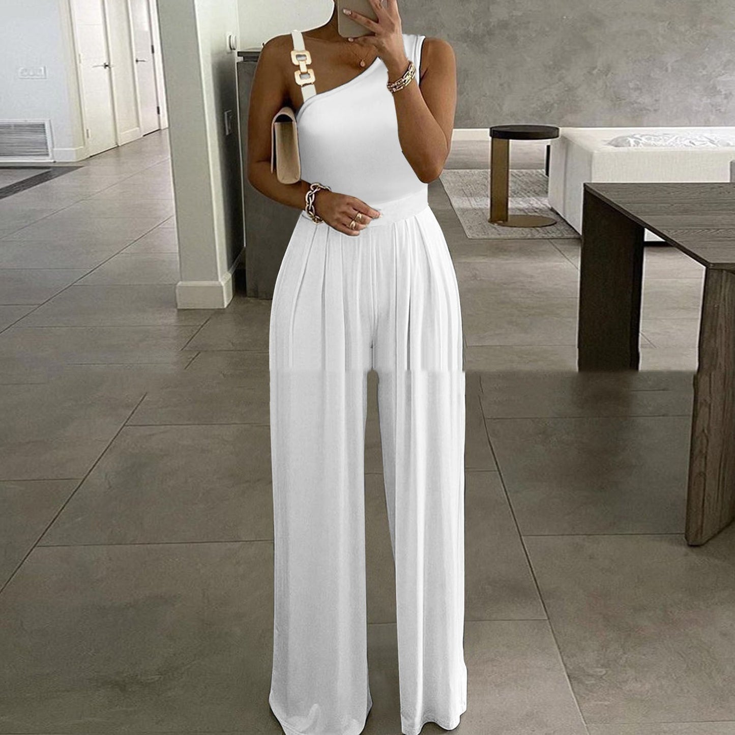Gold Metal Buckle Vest Top High Waist Wide Leg Jumpsuit