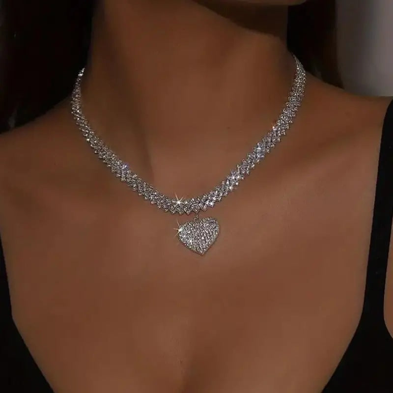 Dazzling Rhinestone Love Necklace, Choker & Heart Pendant.