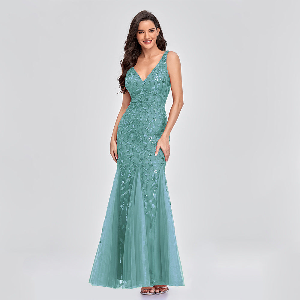 Royal Style Embroidered  Sequin  V-neck Maxi Swing Sleeveless Mermaid   Dress