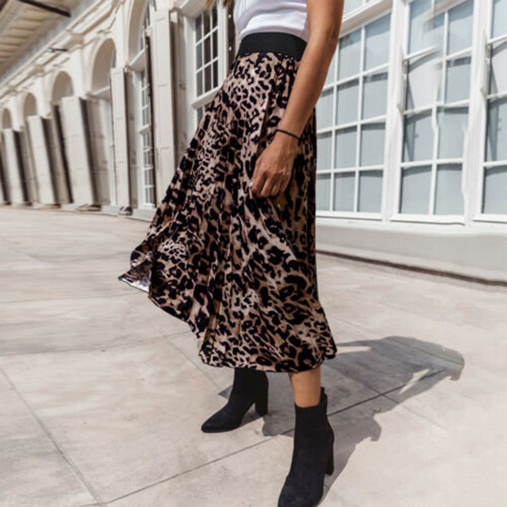 Wild Spirit Leopard Print High-Waist Pleated Midi Skirt