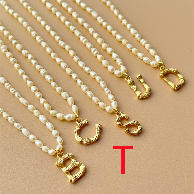 Custom Personalized Natural Freshwater Grain Pearl Letter Necklace Vintage Classic.