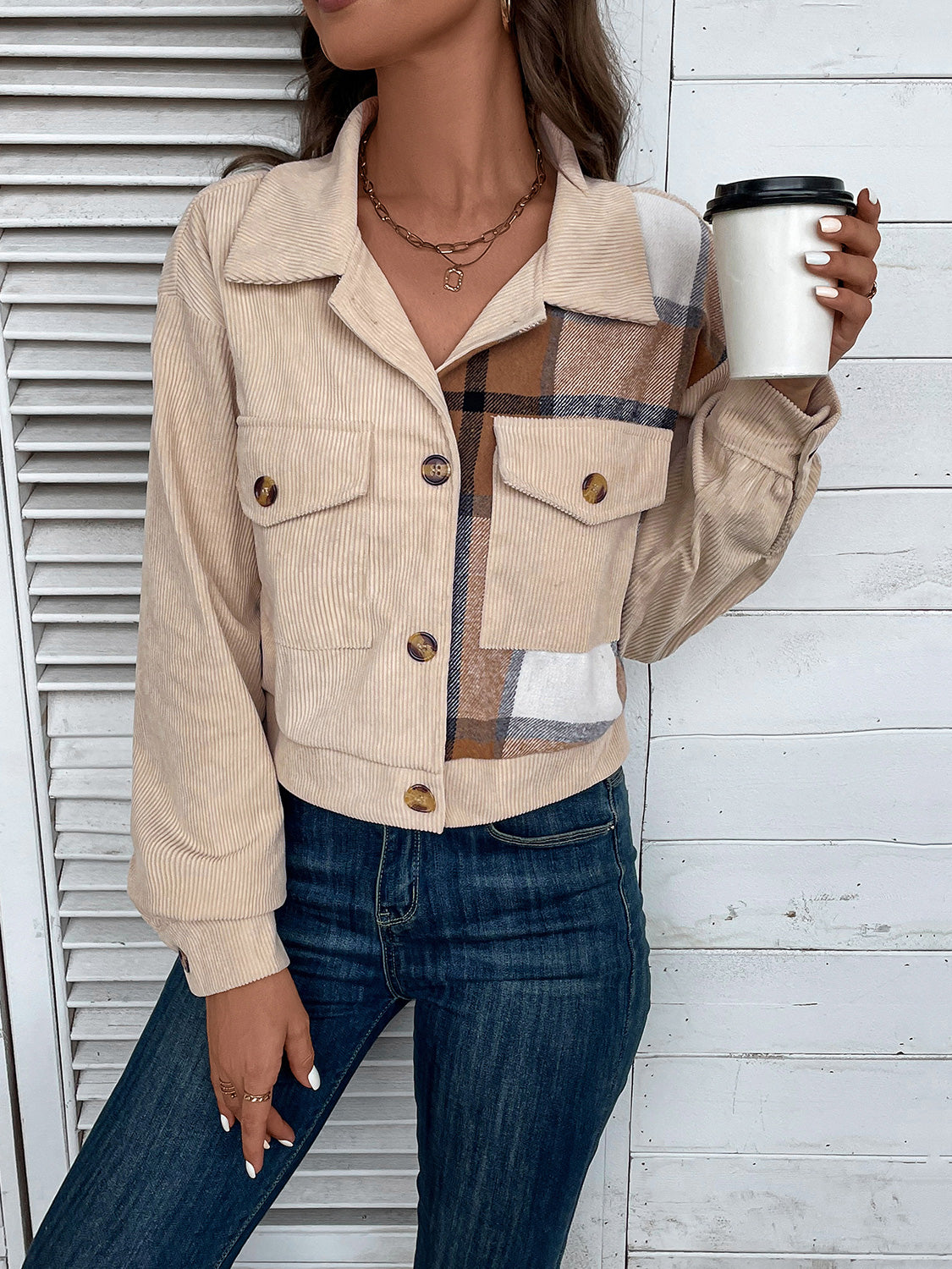 Cozy  Button-Up Patchwork Jacket with Collared Neck & Long Sleeves