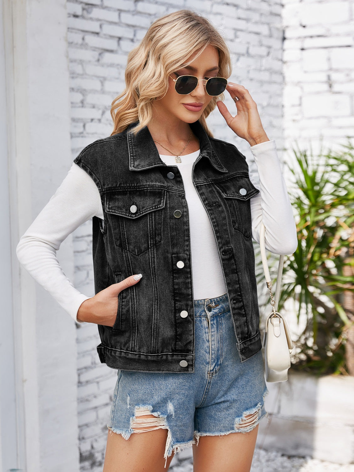 Button Up Cap Sleeve Denim Jacket with Shorts