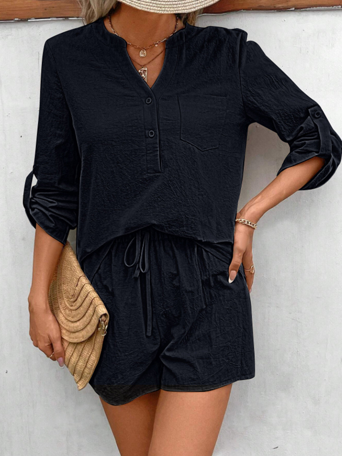 Buttoned Notched Long Sleeve Top and Shorts Set