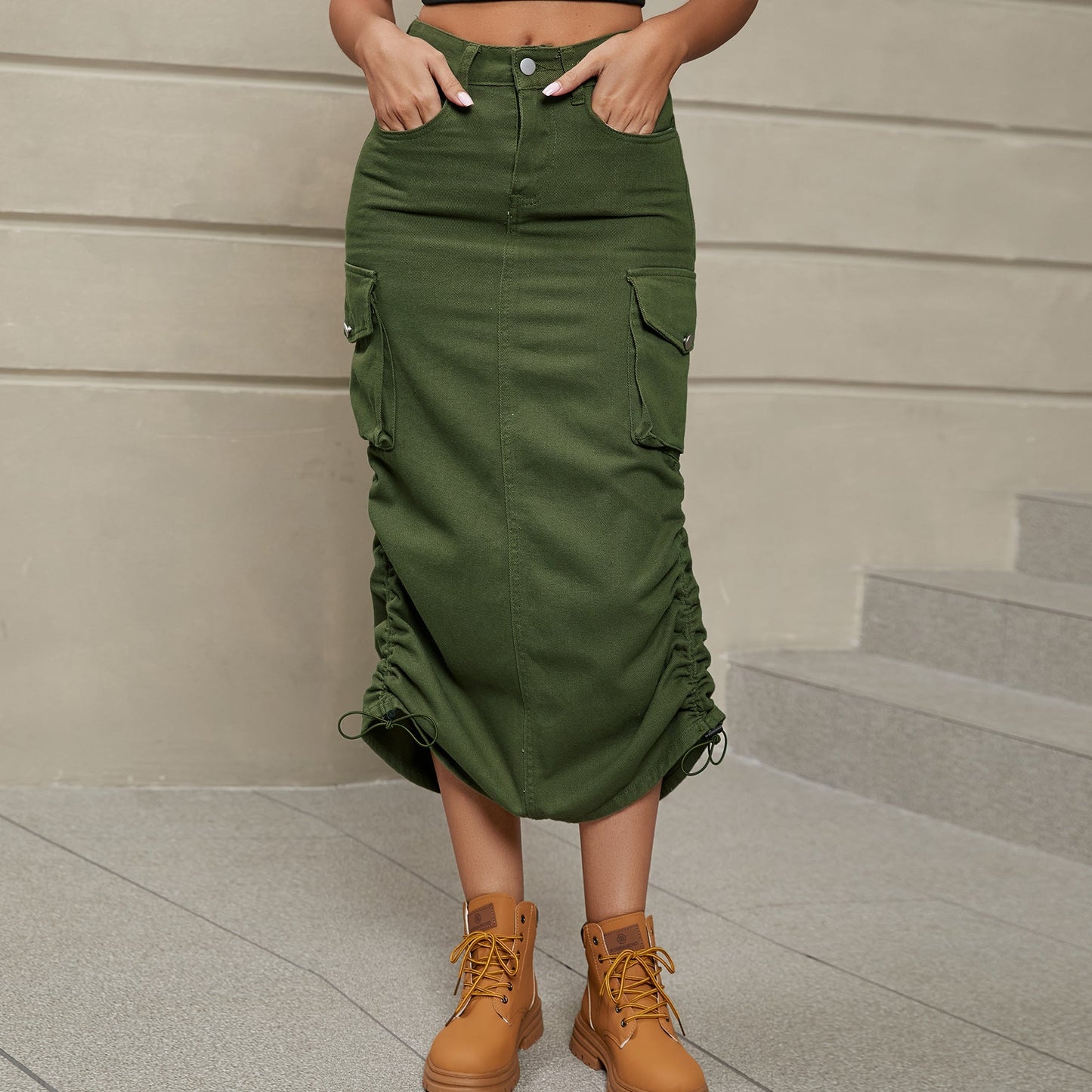 City Scene Drawstring Ruched Denim Midi Skirt