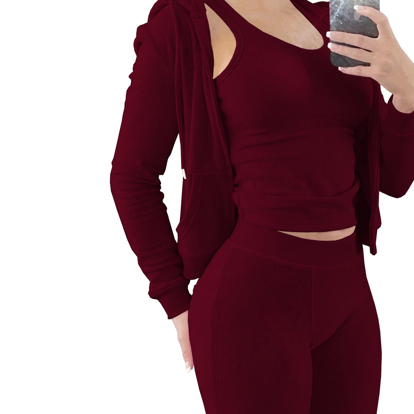 Cozy Urban Style Three-Piece Matching Set w/ Sleeveless Tank Top, Leggings Pants & Double-Sided Velvet  Hoody