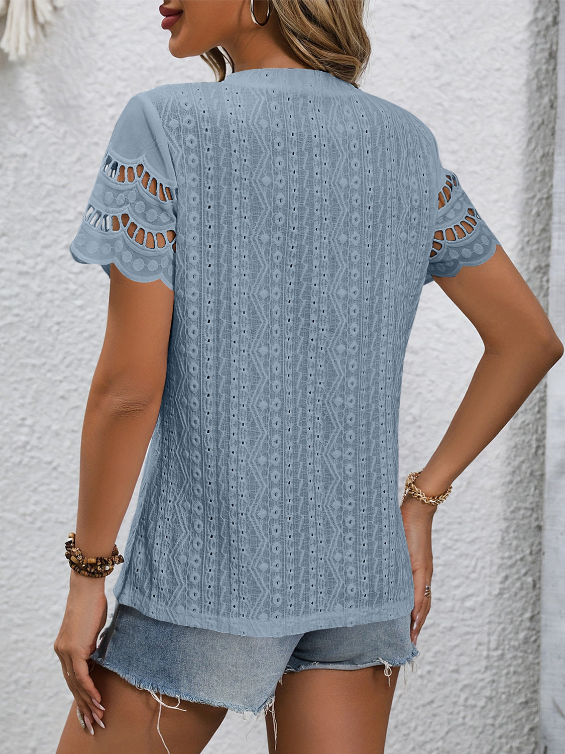 Eyelet Embriodery Round Neck Short Sleeve Top
