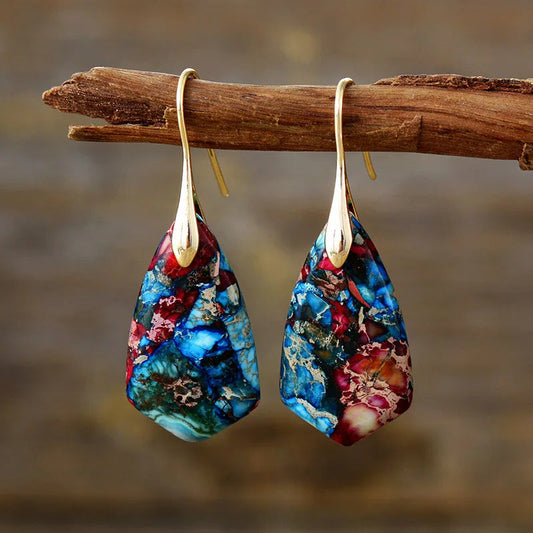 Jasper Stone Gold Plated Drop Hook Earrings.