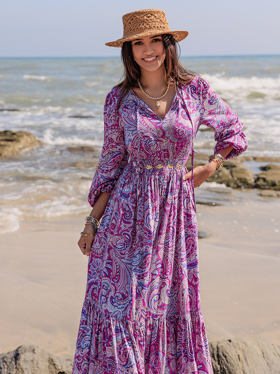 Abstract Purple Printed Balloon Maxi Dress with & Long  Sleeves