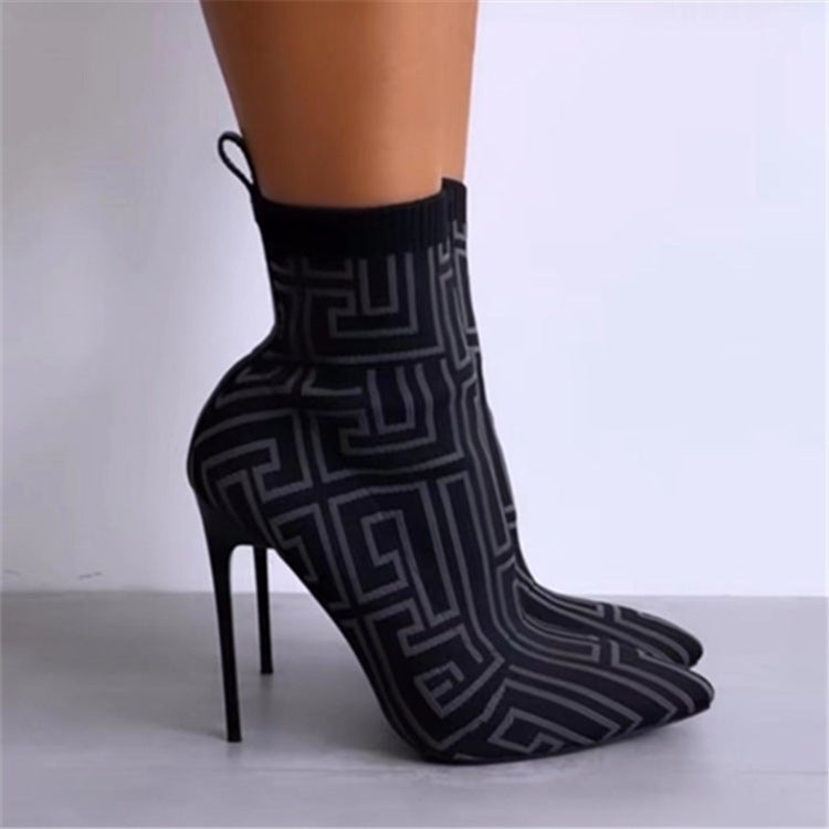 Printed Elastic High Heel Pointed Toe Ankle Boots