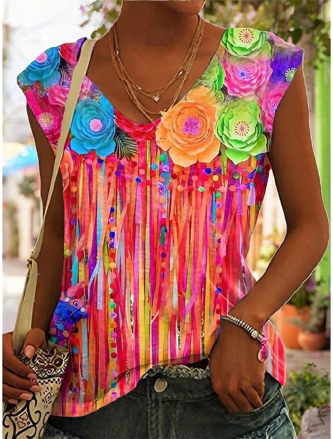 Rose Garden 3D Digital Printing   Sleeveless V-neck  Top