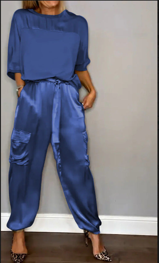 Soft Satin Short-Sleeved Top Casual Pants Two-Piece Set