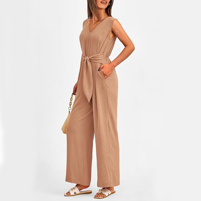 Summer Women V-neck Long Wide-Leg  Jumpsuit w/ Pockets