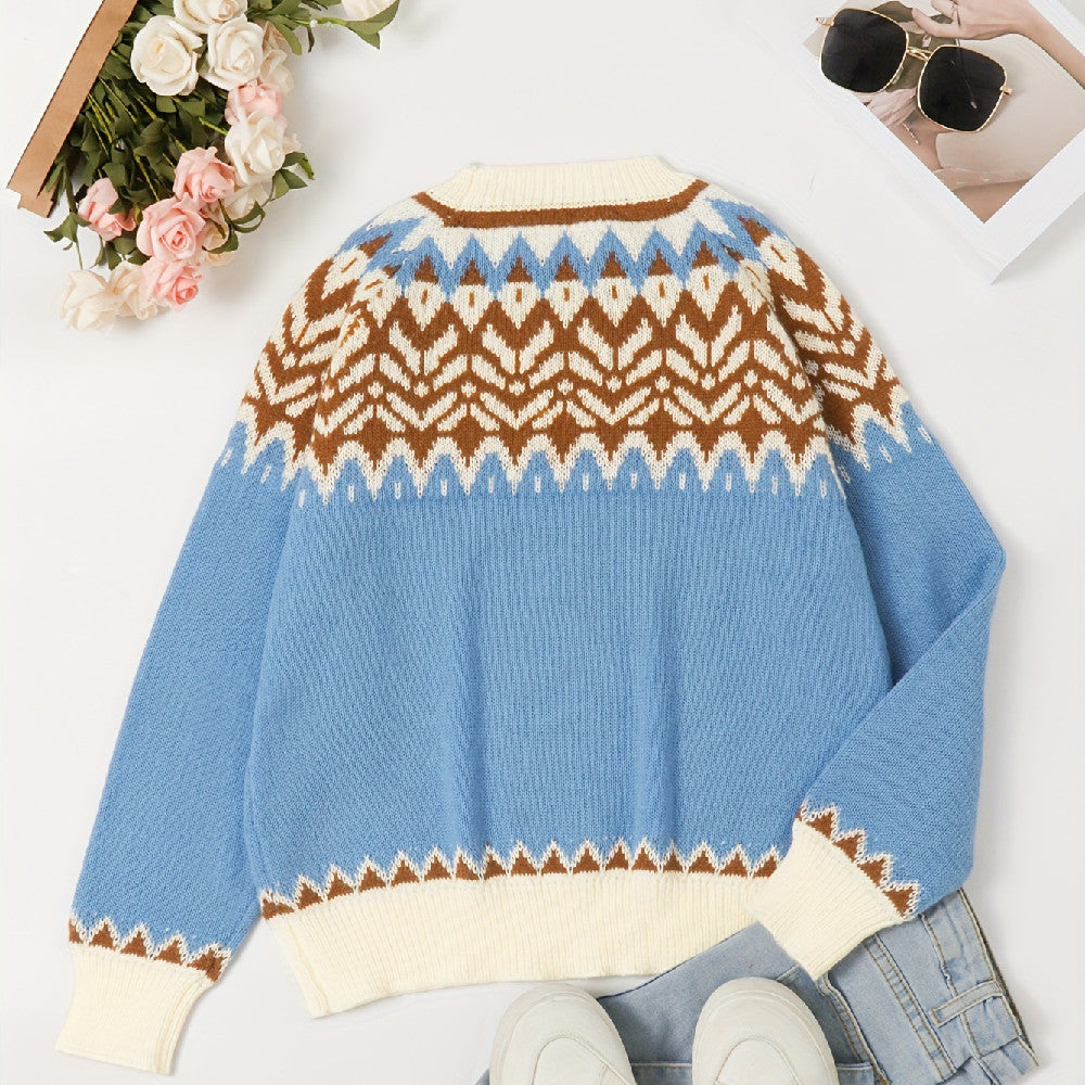 Peacock Blue Style Loose Round Neck Sweater