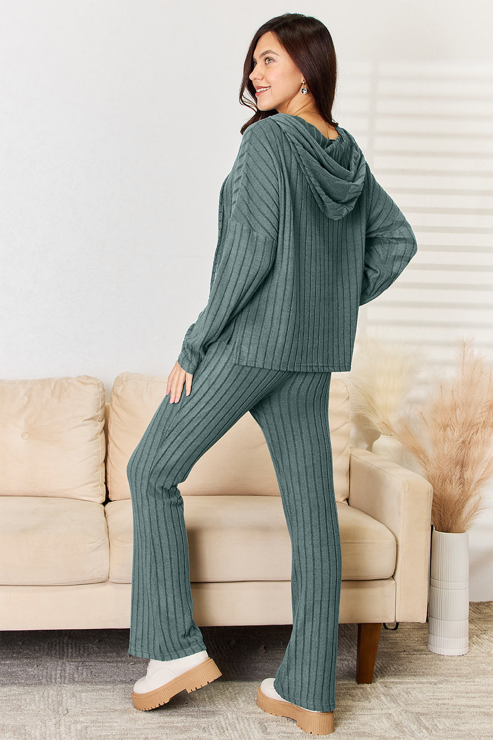 Lounge Essential Ribbed Hooded Top and Straight Pants Set