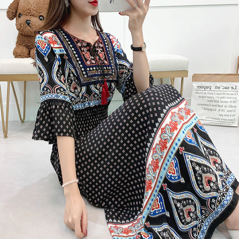 Artsy Crew Neck Ruffle Half Sleeve Silky Dress