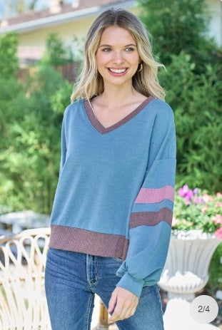 Blue Color Block V-Neck Cropped Sweatshirt