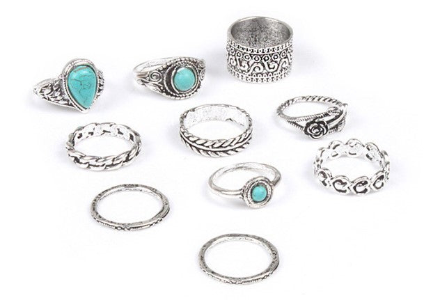 Boho Turquoise Joint Combination Rings - 10 Piece Set.
