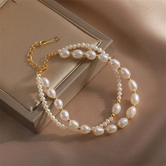 Elegant Baroque Natural Genuine Freshwater Pearl Double Layer Bracelet.