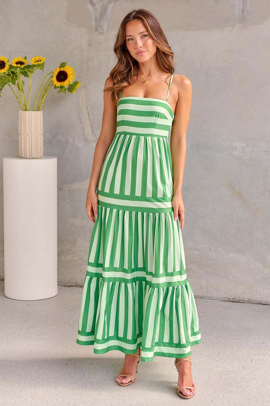 Summer Striped Printed Square Neck  Long  Backless Dress With Pockets