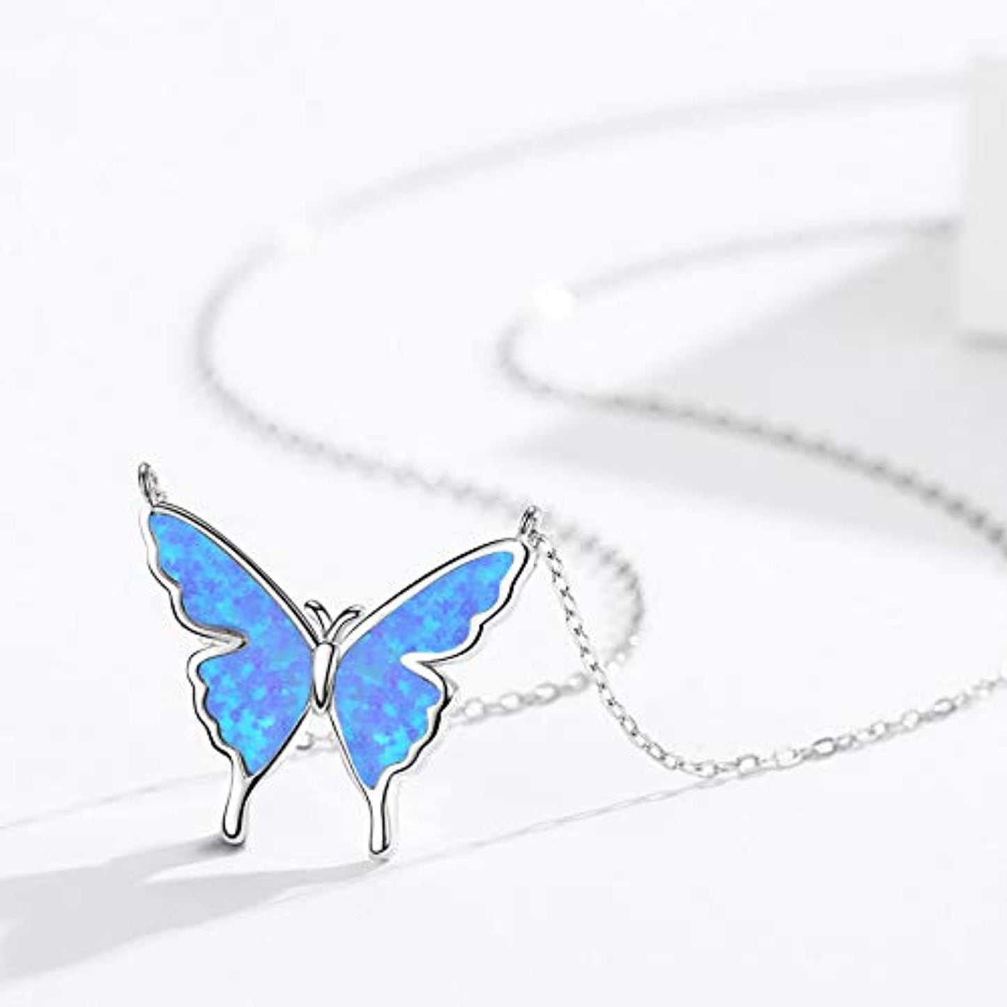 925 Sterling Silver Blue Opal Butterfly Necklace.